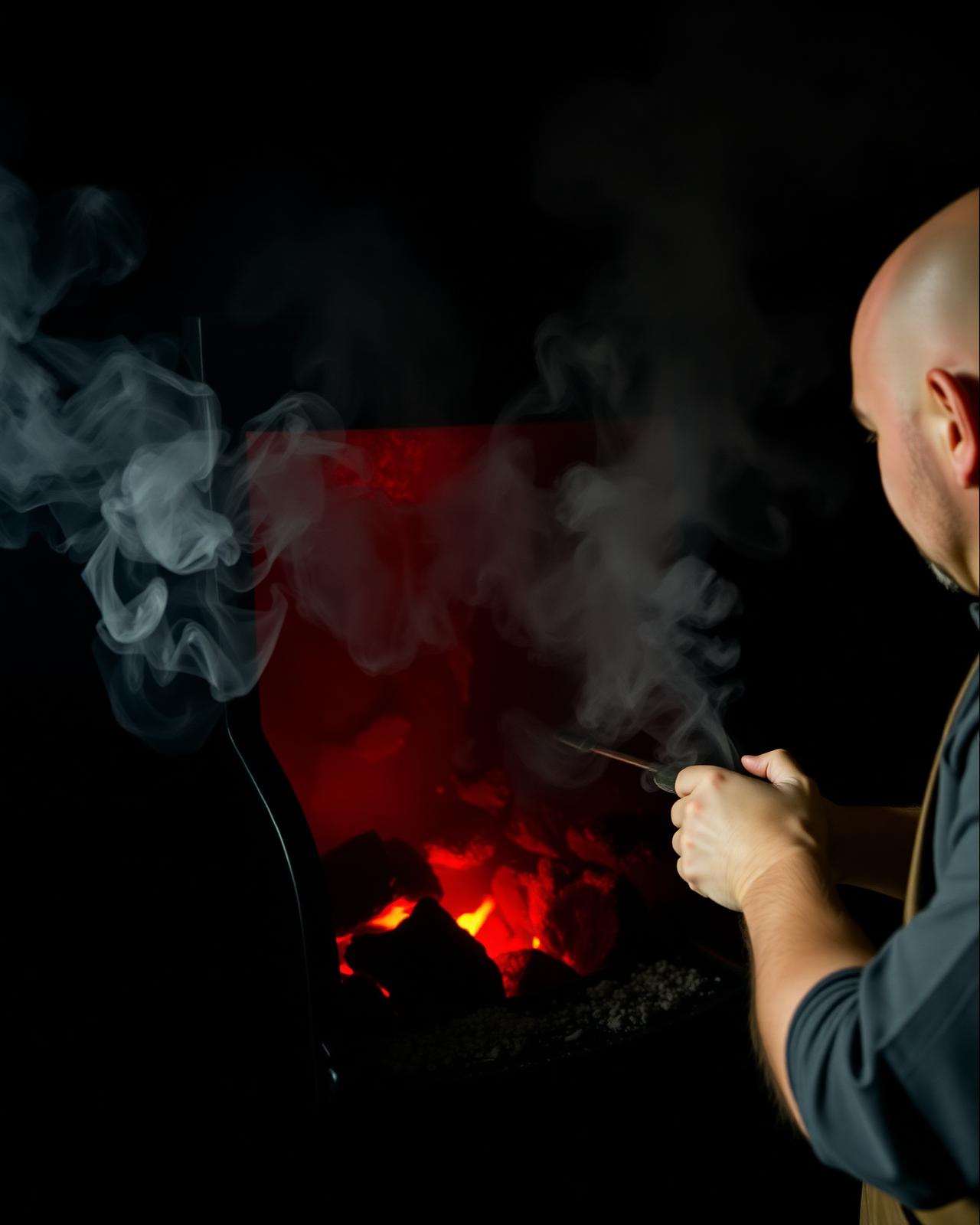 Pit-master tending an ember bed