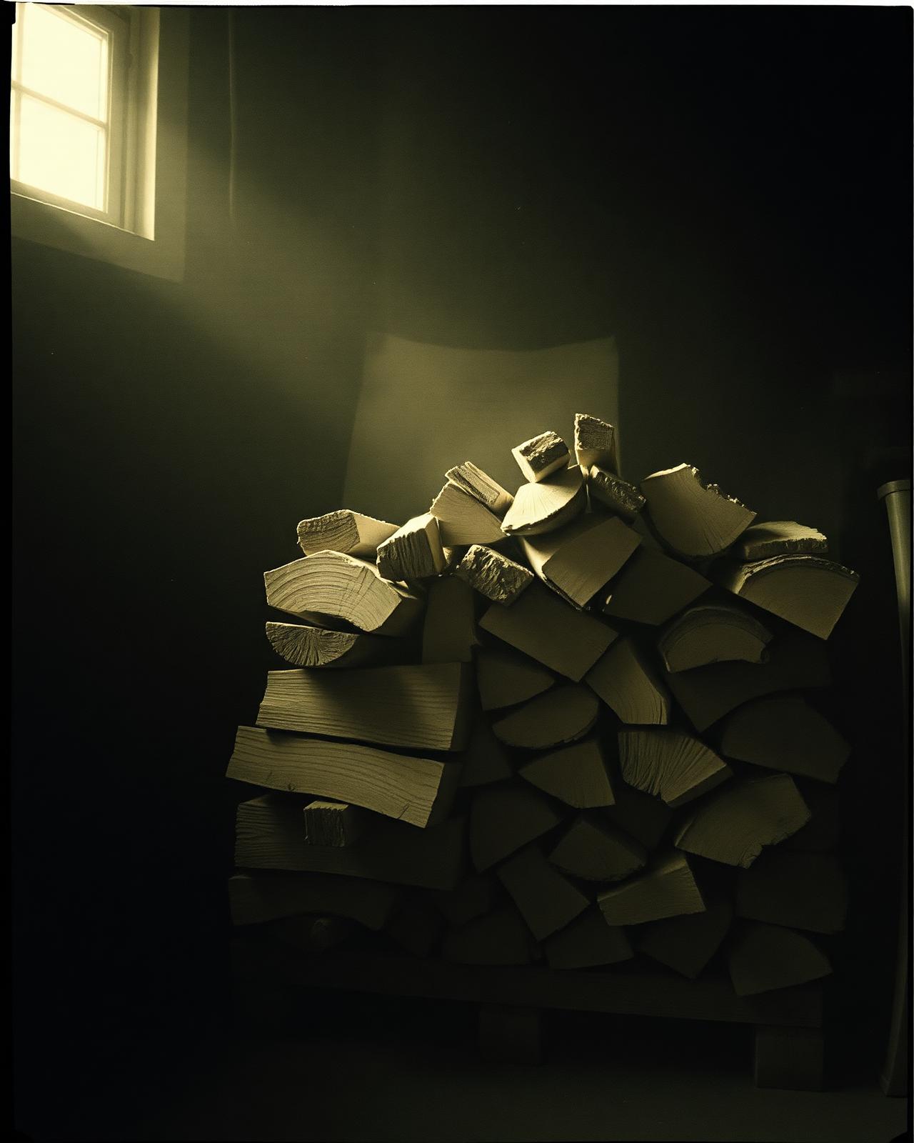 Stacked split firewood in a quiet workshop
