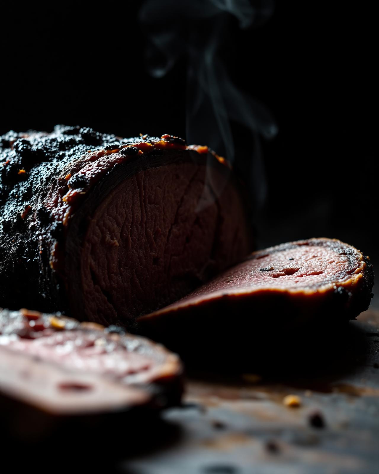 Sliced smoked brisket with deep bark crust