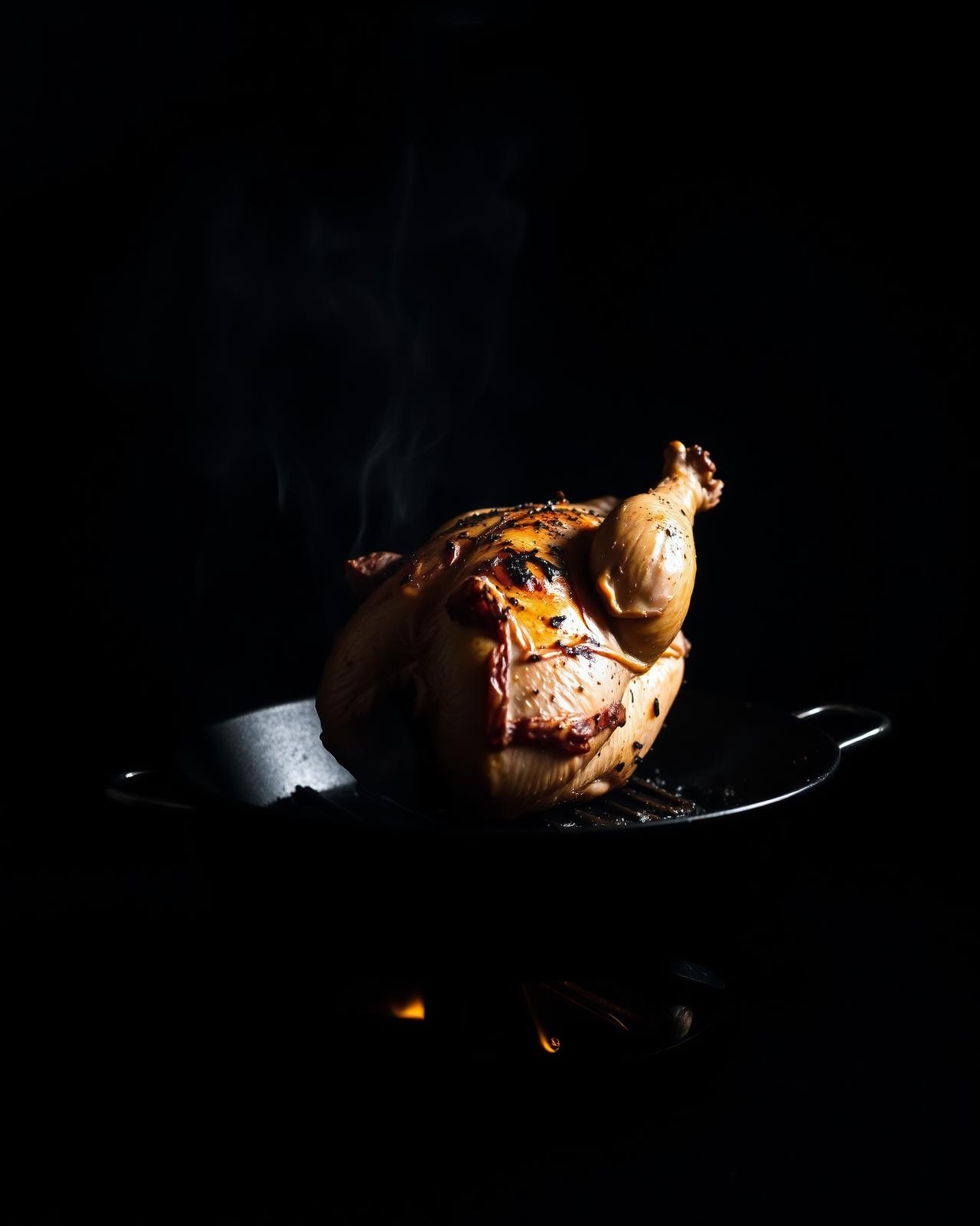Whole smoked chicken with crisp skin on cast iron