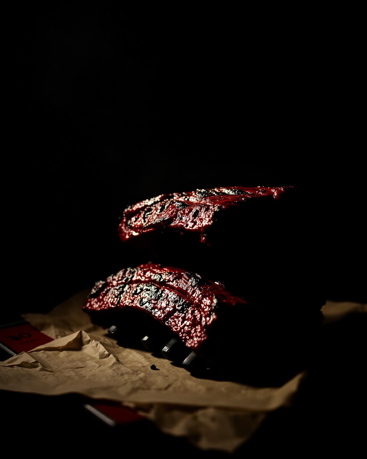 Smoked beef ribs glistening on butcher paper